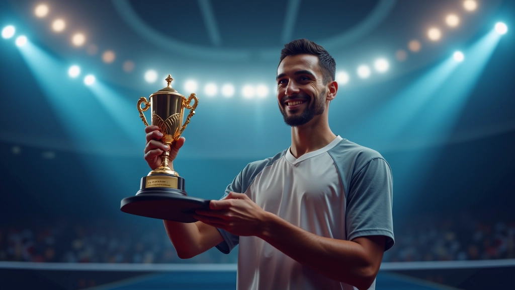لاعب تنس طاولة يحتفل برفع درع البطولة في ملعب رسمي مع الجمهور والعلم